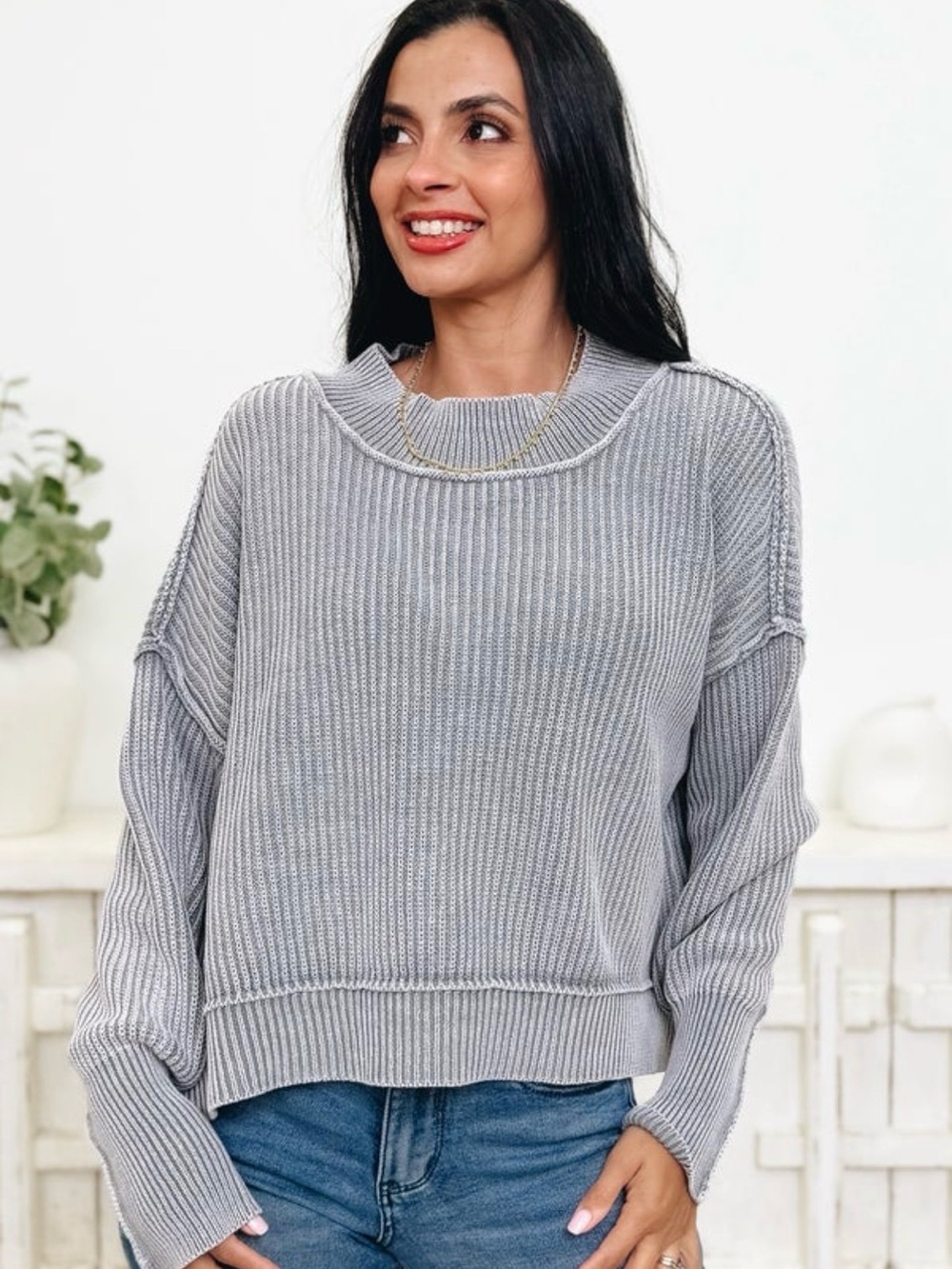 Zenana Outfitters Ribbed Crewneck Sweater - Light Gray - Picture 2 of 12